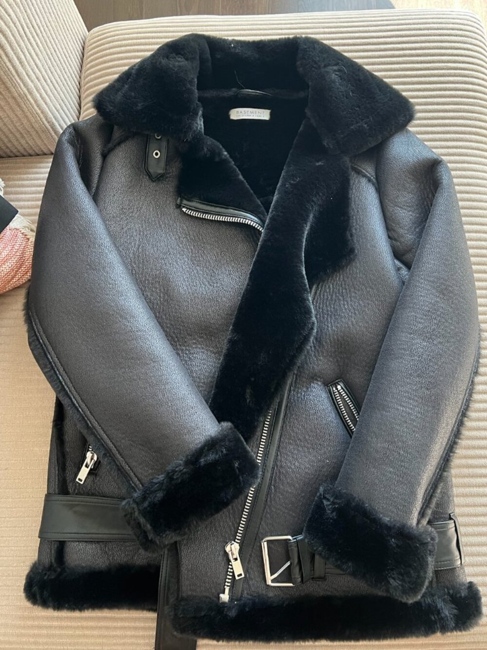 Basement Black Faux Shearling Aviator Jacket – Size S/M (NEW!)